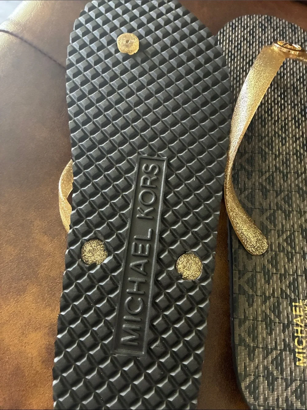 Michael Kors Glitter Gold Strap Black Patterned Footbed Sandals